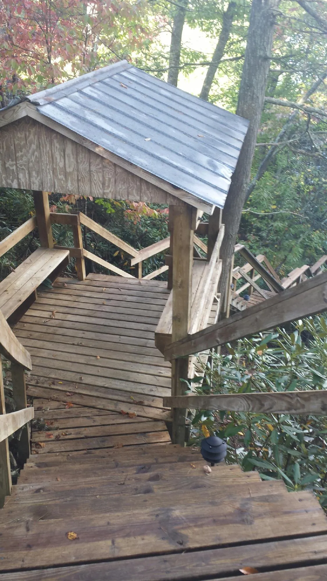 Metal roofed shelter over wooden steps on a wooded walkway — Skylight Repair & Installation work by our crew in Nelsonia